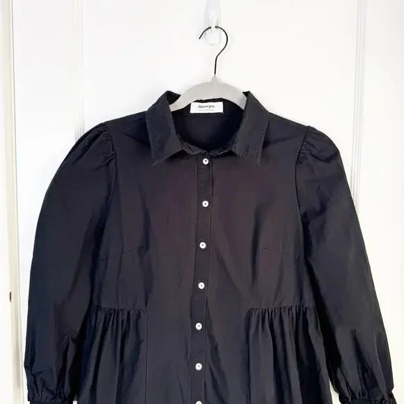 Showpo Collared Button Down Mini Shirt Dress Classic Black Ruffle Hemline Size 2 - Picture 2 of 11